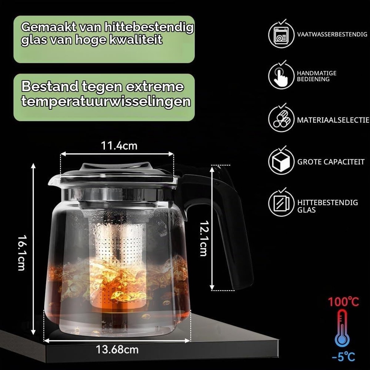 Stijlvolle glazen theepot van 1,5 liter met roestvrijstalen filter, ideaal voor groene, zwarte en kruiden thee — cadeau in Kookcadeaus - foto 6