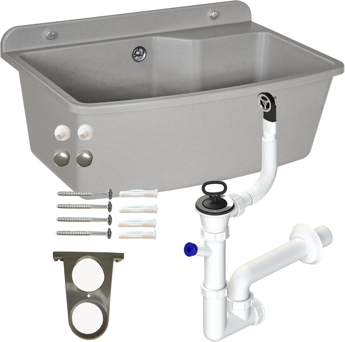 Robuuste grijze granieten wastafel met sifon, 61 cm, ideaal voor keuken en badkamer, waterbestendig en duurzaam