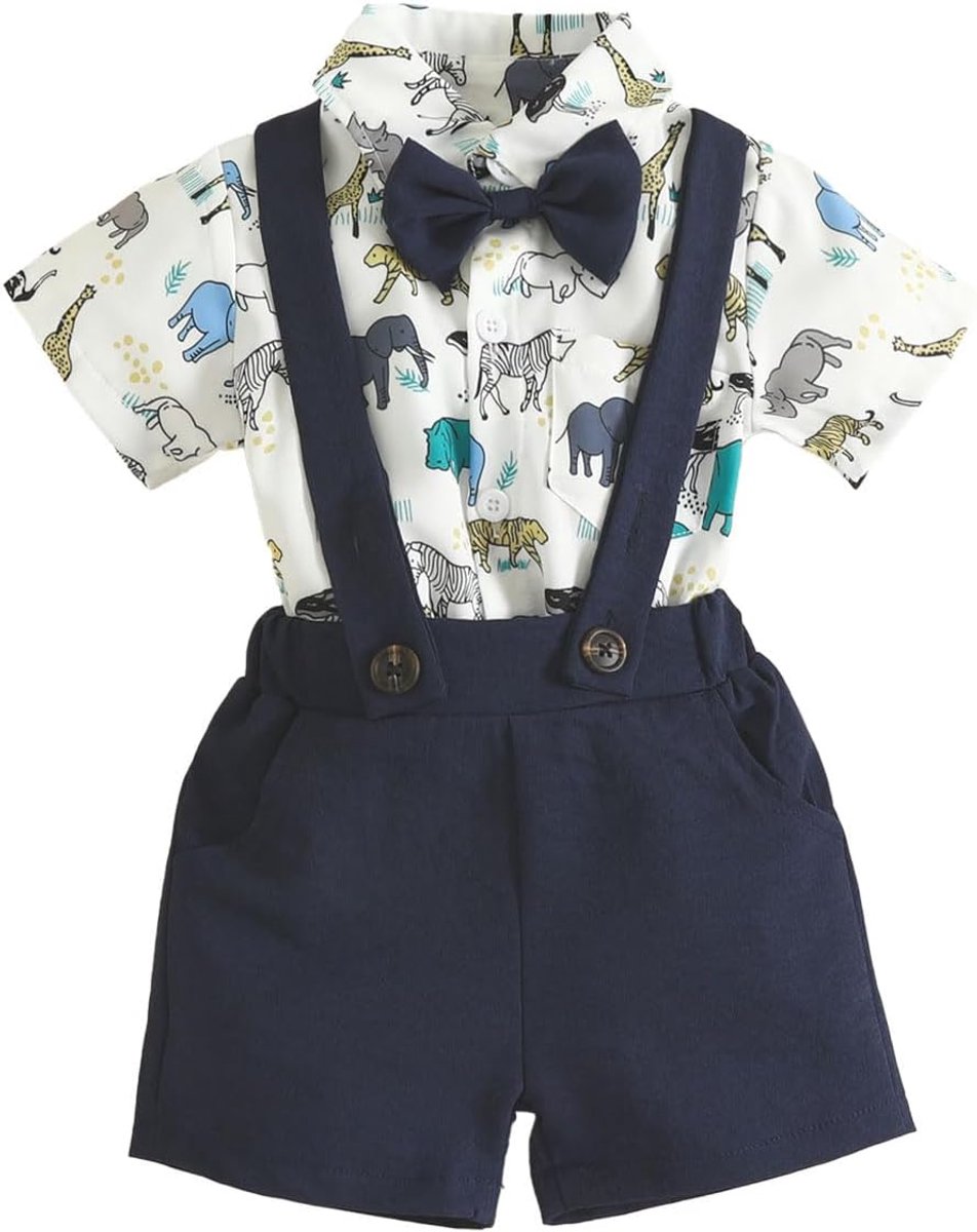 Jongens Herenpak, Babykleding Herenstrikje Knoop Kruis Pasgeboren Kostuum, Baby Gentleman Outfit Knoop Stretch Jarretel Shorts Kleine Babykleding, Blauw, 0-18 Maanden