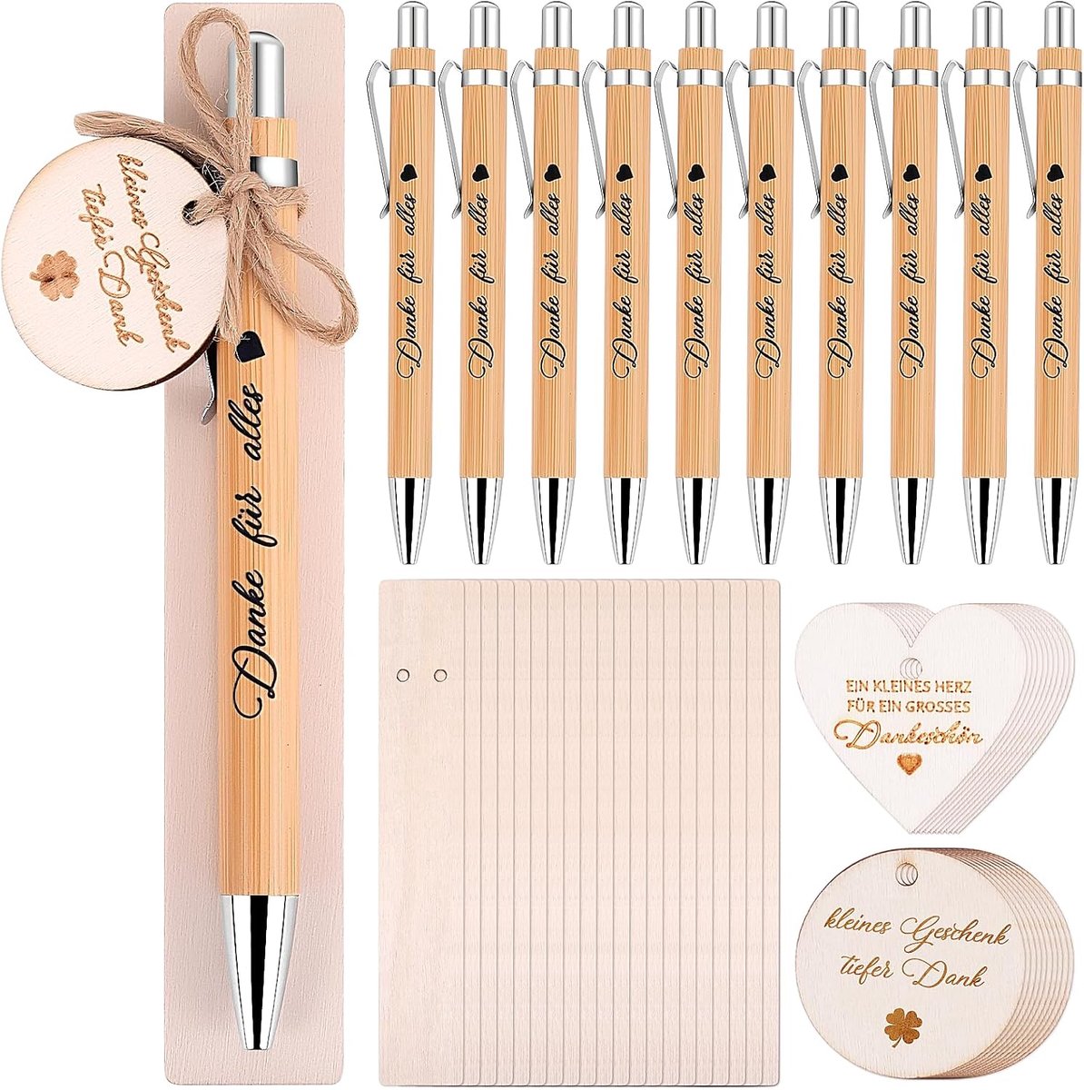 20 sets bedankje geschenken - Balpen bedankt voor alles houten balpen met hanger/touw/houten plank afscheidscadeau voor lerares, collega's, vriend, opvoeder, pensioen