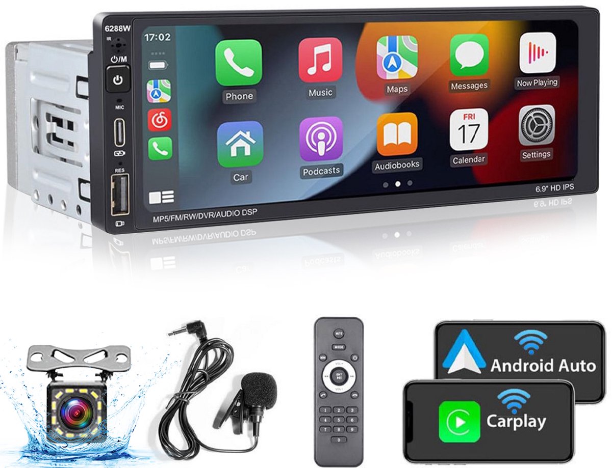 Autoradio Universeel - 9 Inch HD Touchscreen - Apple Carplay & Android Auto (Draadloos) - Bluetooth, USB, USB-C & MP5 - AHD Achteruitrijcamera, Stuurwieladapter & Externe Microfoon