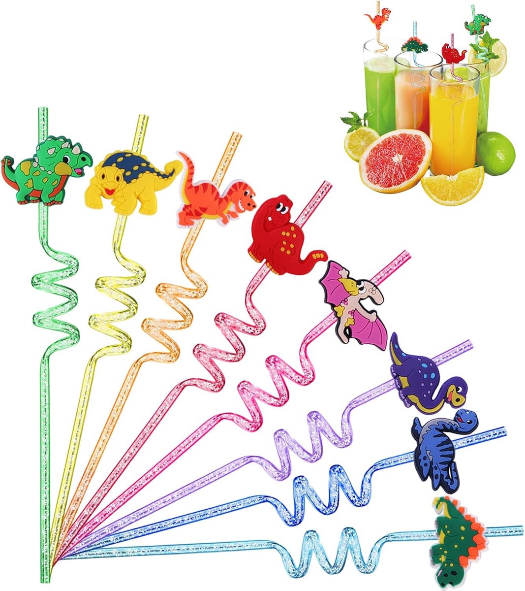Pack of 8 Plastic Dinosaur Drinking Straws, Colourful Reusable Drinking Straws for Children, Birthday Party and Family - ShopVlot