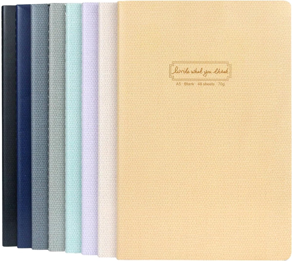 Set of 8 Colour Stitch Bound Notebooks (Grid) – Solid Covers + Writing Guide Sheet, 12.7 × 21 cm – Ideal for diaries - ShopVlot