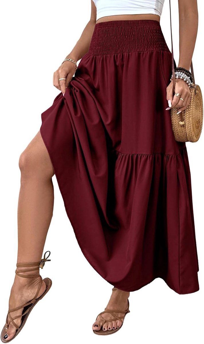 LIAMERHE Women's Summer Boho Chic Maxi Skirt High Waist Elastic Skirt A-line Flowing Ruffle Floral Print Gypsy Beach - ShopVlot