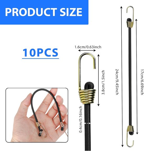 Pack of 10 Elastic Bungee Cords with Hooks, Adjustable 24 cm, Mini Sandow Tarpaulin, Rubber Tarpaulin, Robust Tension - ShopVlot — afbeelding 5