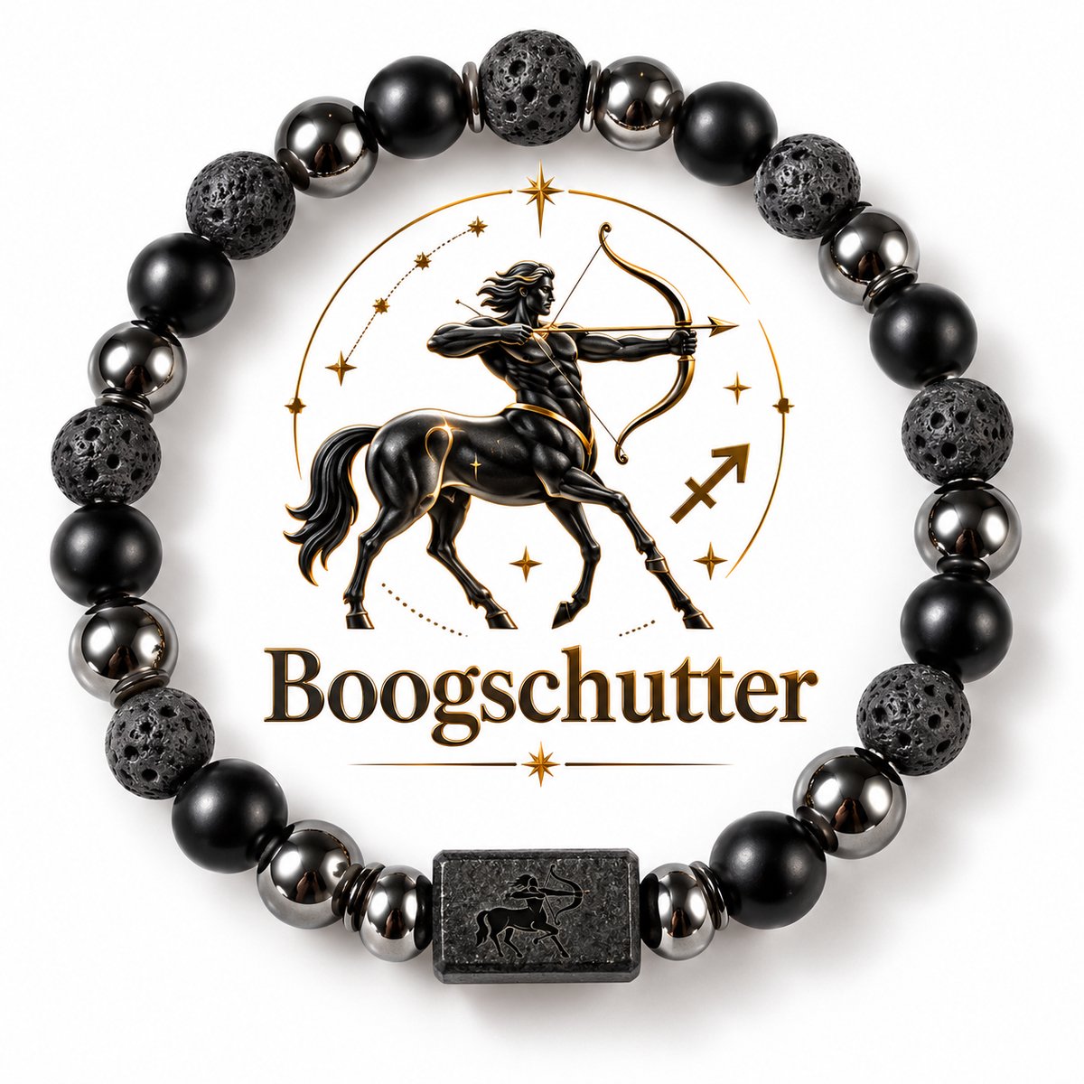 S4H Sterrenbeeld Armband Boogschutter 18 cm – 8mm Kralen – Lavasteen, Mat Zwarte Agaat & Hematiet – Unisex