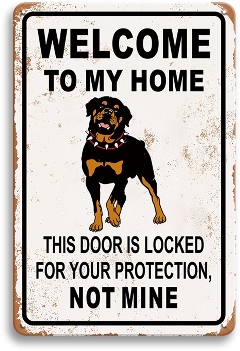 Welcome To My Home – This Door Is Locked - Metalen Wandbord 30x20cm – Hond Waarschuwingsbord – Grappig Tekstbord – Vintage Retro Wanddecoratie