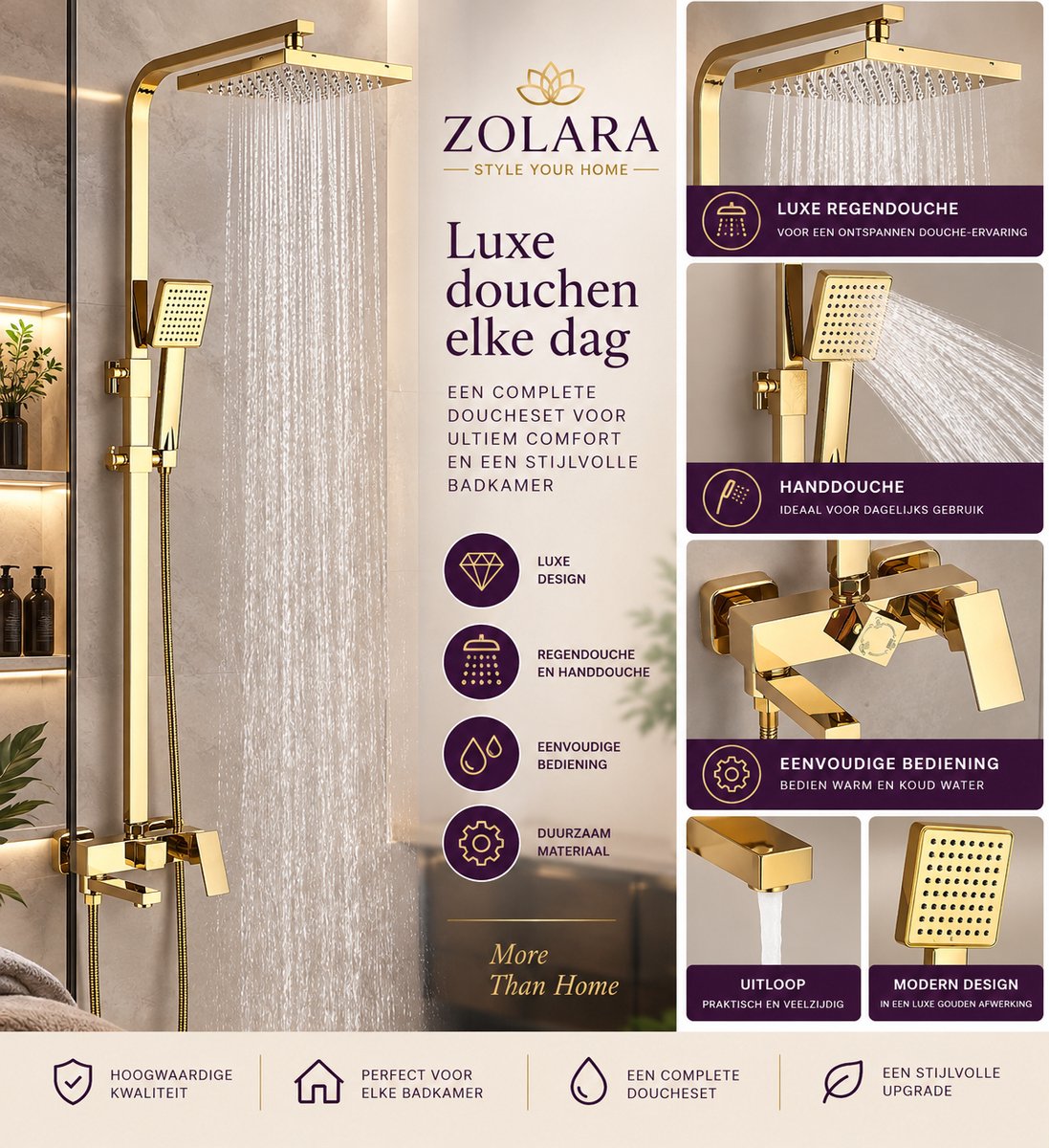 Zolara Luxe Regendouche - Gouden Douche Set - met Handdouche & Thermostaatkraan - RVS - Glossy hoogglans gold - Douchesysteem - Badkamer
