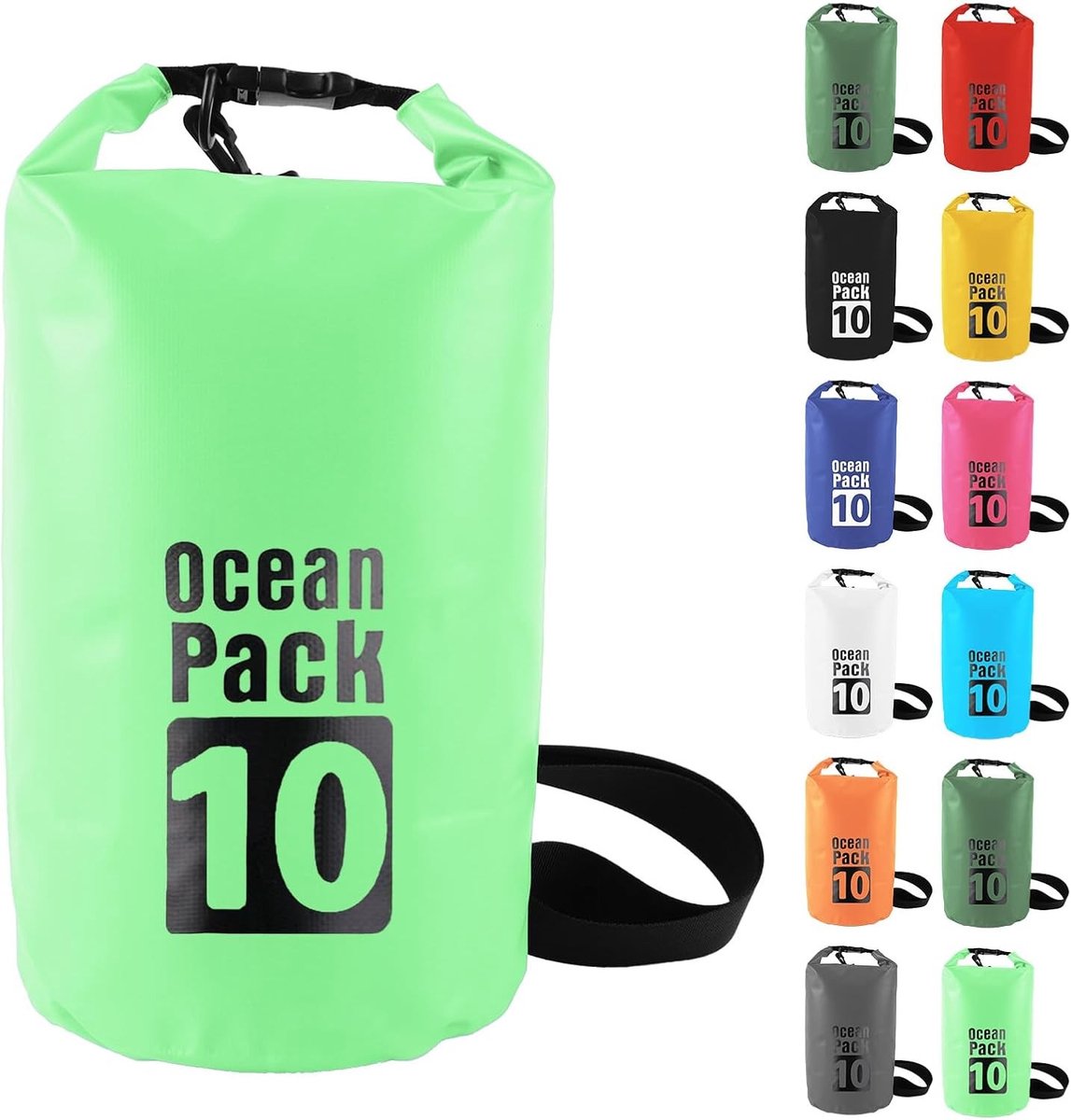 Waterdichte tas 10 liter in groen, ideaal voor outdoor activiteiten en bescherming tegen regen