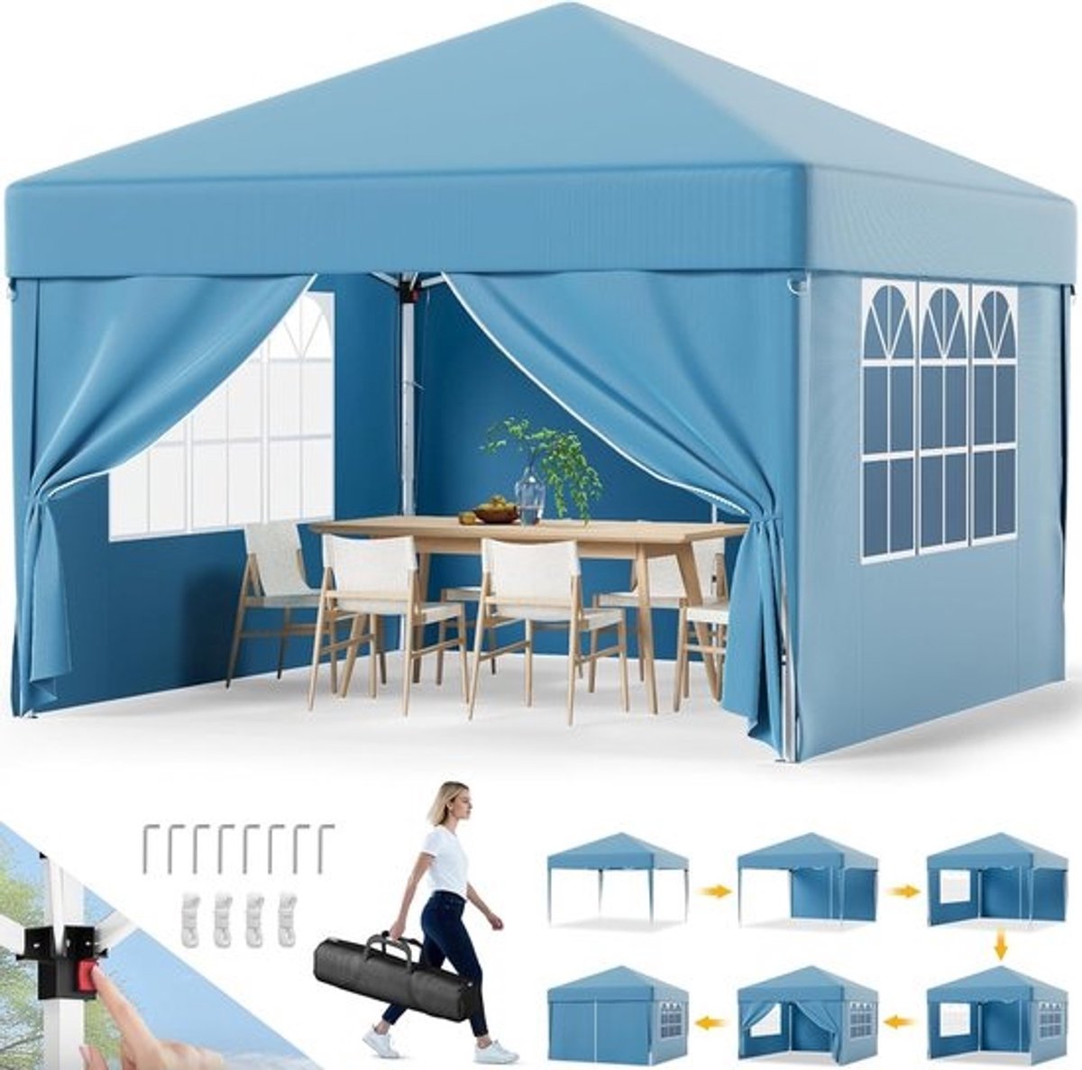 Waterdicht en stabiel vouwpaviljoen - 3 x 3 meter - Met uv-bescherming en hoogteverstelling voor tuin en camping
