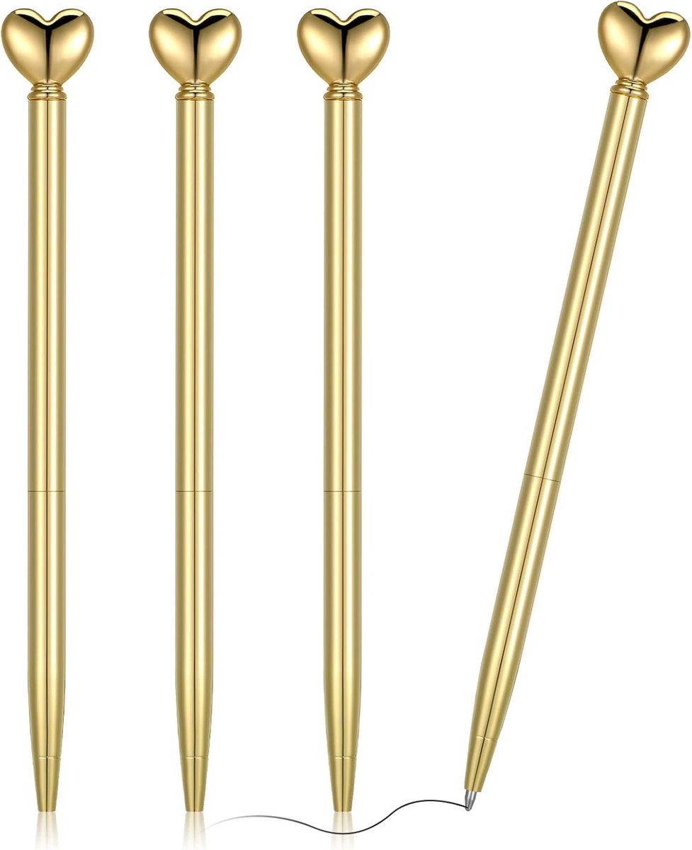 SnelShoppen - 4 Stuks Hartvormige Balpen, Intrekbare Decoratieve Metalen Pennen, 1,0 mm Zwarte Inkt, Schattige Geschenken voor Vrouwen, School, Kantoo