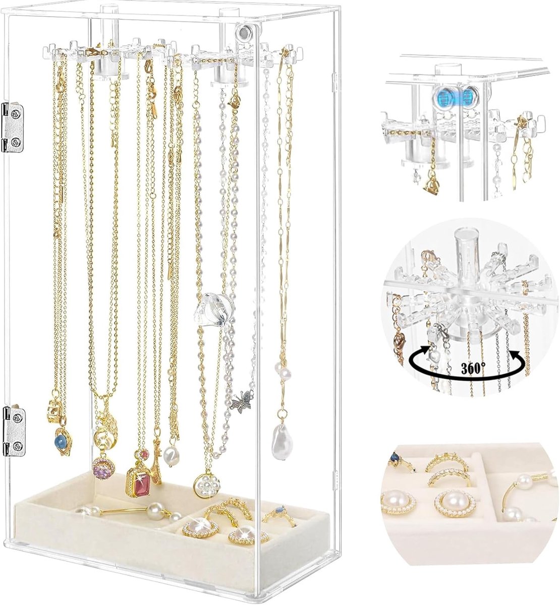 SnelShoppen - Acrylic Jewellery Stand met 24 Hooks, Swivel Chain Holder voor Kettingen, Armbanden, Oorbellen, Horloges met Luxe Velvet Tray - Ruimtebe