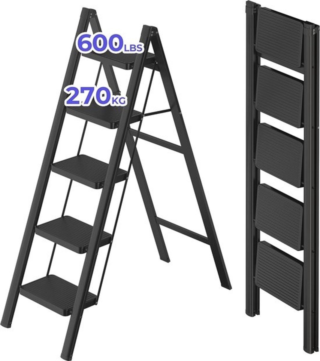Opvouwbare huishoudladder - met antislip - 5 treden - draagbaar en stevig