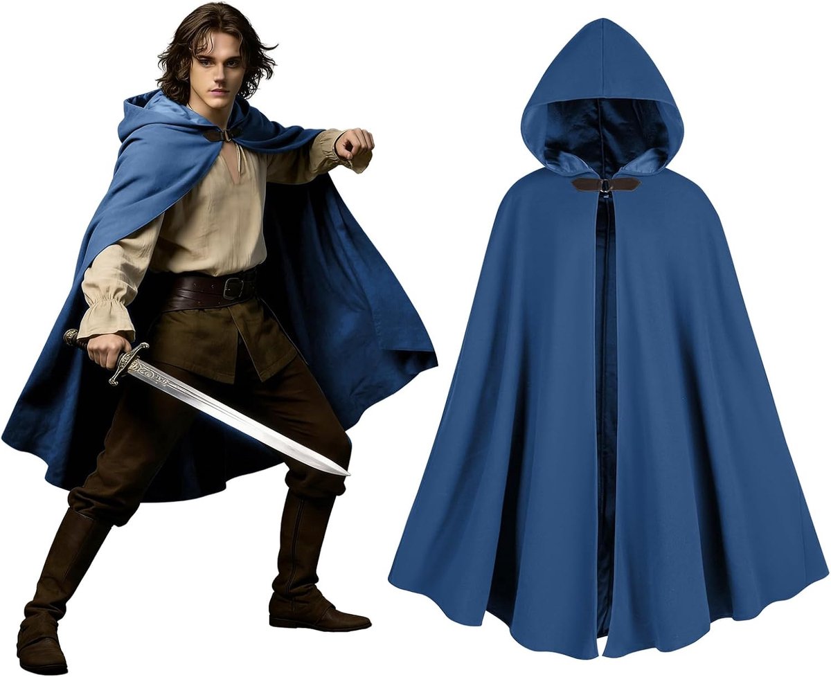 Cape met capuchon, Heren cape met capuchon, heksencape, Renaissance cape met capuchon kostuum, Halloween Viking vampier cosplay kostuums (Blauw)