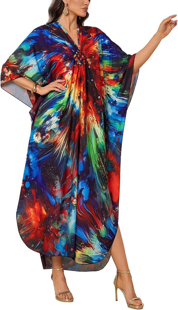 Kaftan voor dames, maxi-loungewear, oversized nachthemd, homewear, bedekkende strandjurk, D Bruin Hemelsblauw, Eén maat