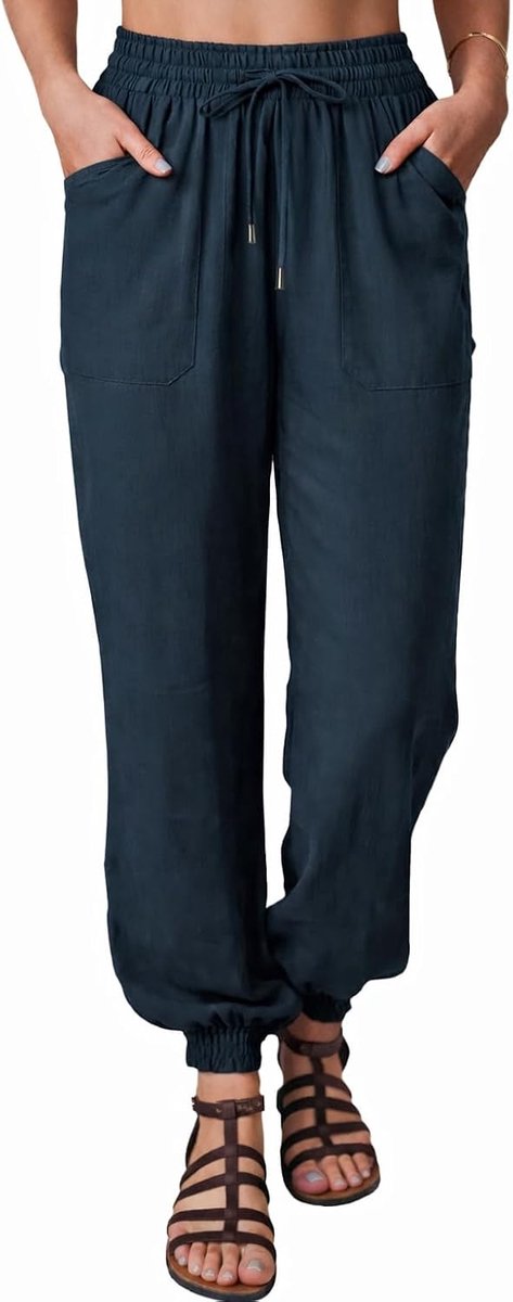 Harembroek met manchetten en trekkoord voor dames, met 4 zakken, effen, losse loungewear, enkelbroek, taps toelopende broek, werk, casual, yoga