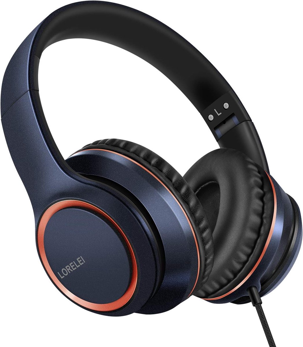SnelShoppen - Over-Ear Hoofdtelefoon met Microfoon en Kabel, 1.45 m Tangle-Free Nylon, Lichtgewicht en Vouwbaar, Donkerblauw voor Tablet, Computer, MP