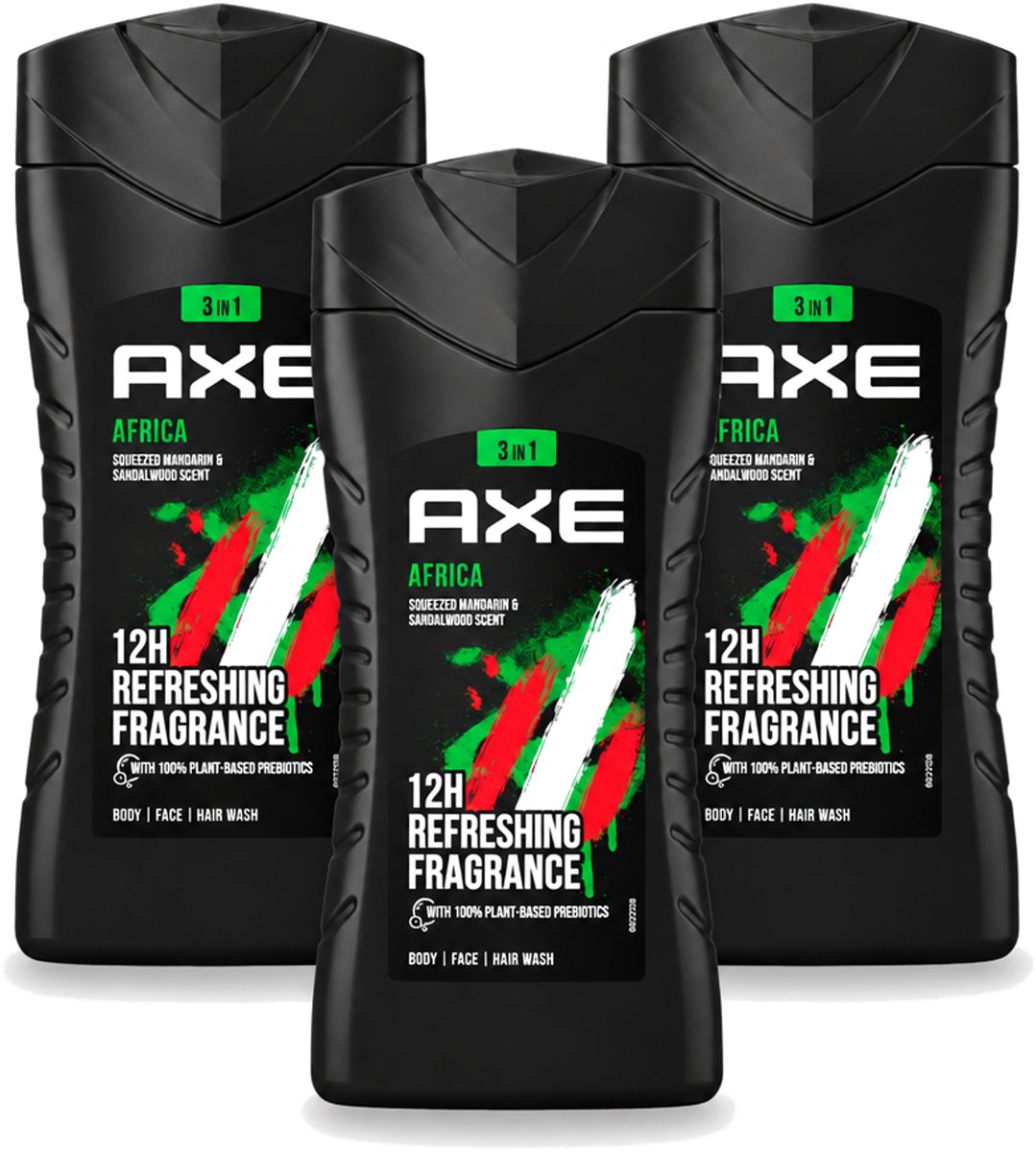 3 x Axe - 3-in-1 Douchegel - Africa - Squeezed Mandarin & Sandalwood - 100% Plantaardig - 250 ml - Voordeelverpakking - 3 stuks