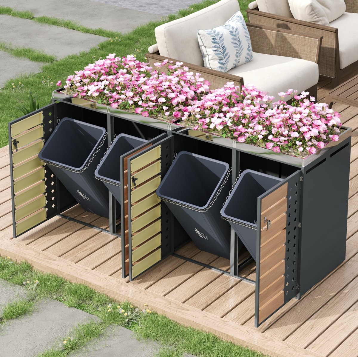 WUVRIE - Containerberging voor 4 afvalcontainers - Afsluitbaar met plantenbak - Grijs/houtlook