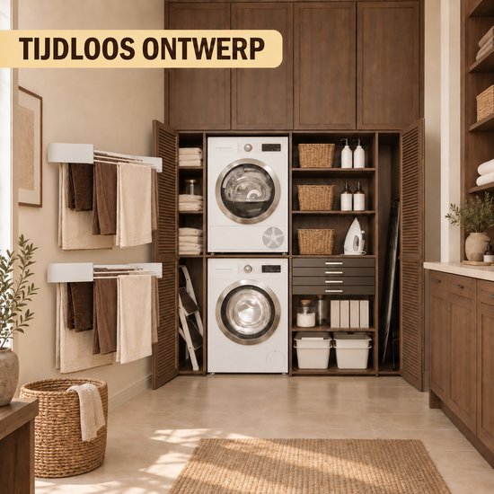 Een wasruimte met een stapelbare wasmachine en droger, twee witte wanddroogrekken met handdoeken en houten kasten.
