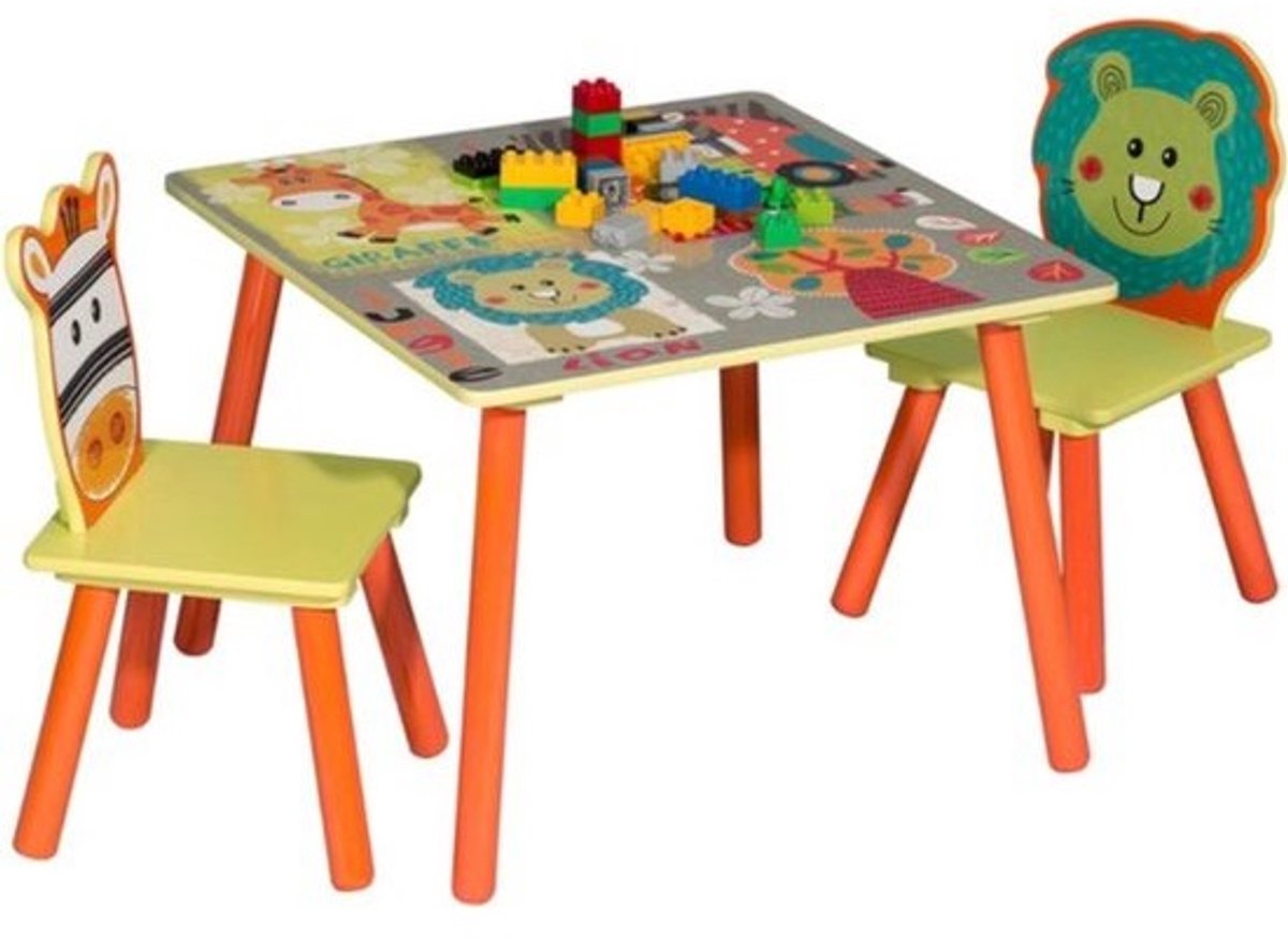 Kindertafel met 2 dierenstoeltjes - Kindermeubel, tafel en tafeltje - Voor peuters, kleuters en kinderen - Hout - Gekleurd met dieren