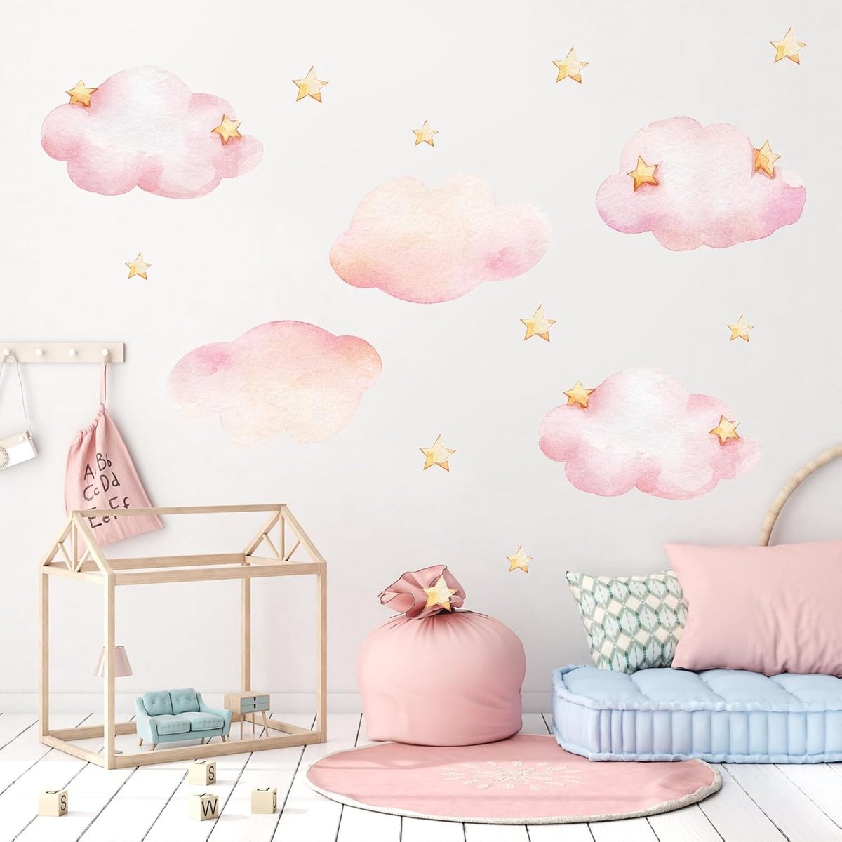 SnelShoppen - Clouds and Stars Wandstickers, Roze Verwijderbare Muurstickers voor Kinderen, Vinyl Wanddecoratie, Babykamer, Slaapkamer, Woonkamer, Hui