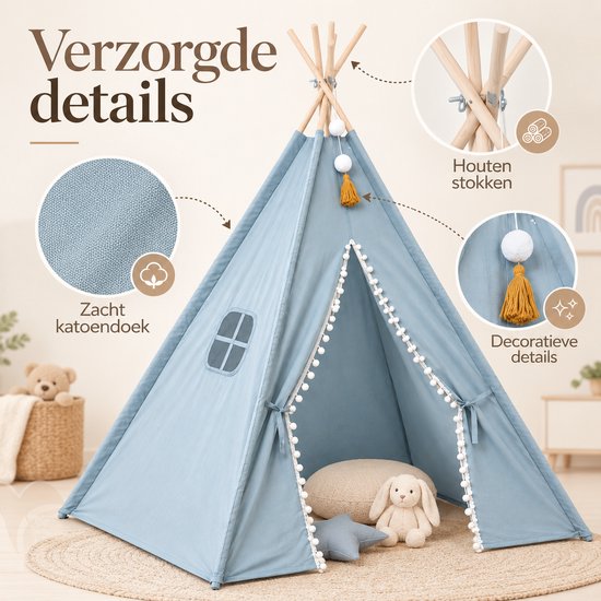 MISOU Tipi Tent - voor Kids - 120x120x160cm - Blauw - Speeltent - Binnen en Buiten - Kindertent - Jongens - TOTO van MISOU — afbeelding 5