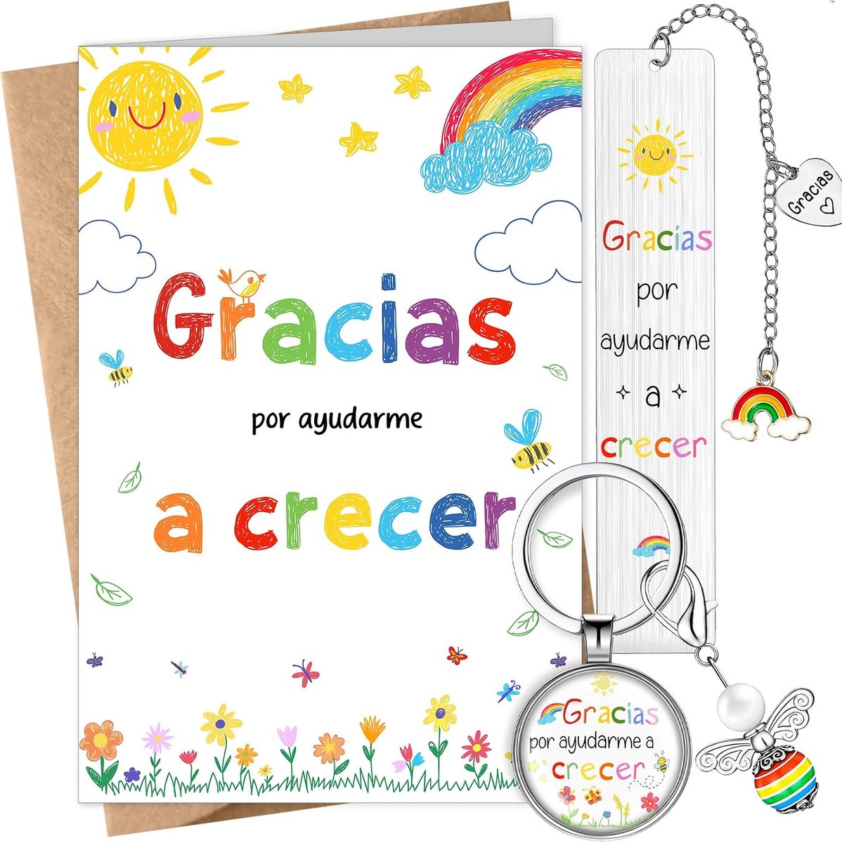 Jadive Gifts for teachers, 1 teacher keychain, 1 metal bookmark, 1 thank you card for teachers in Spanish with - ShopVlot