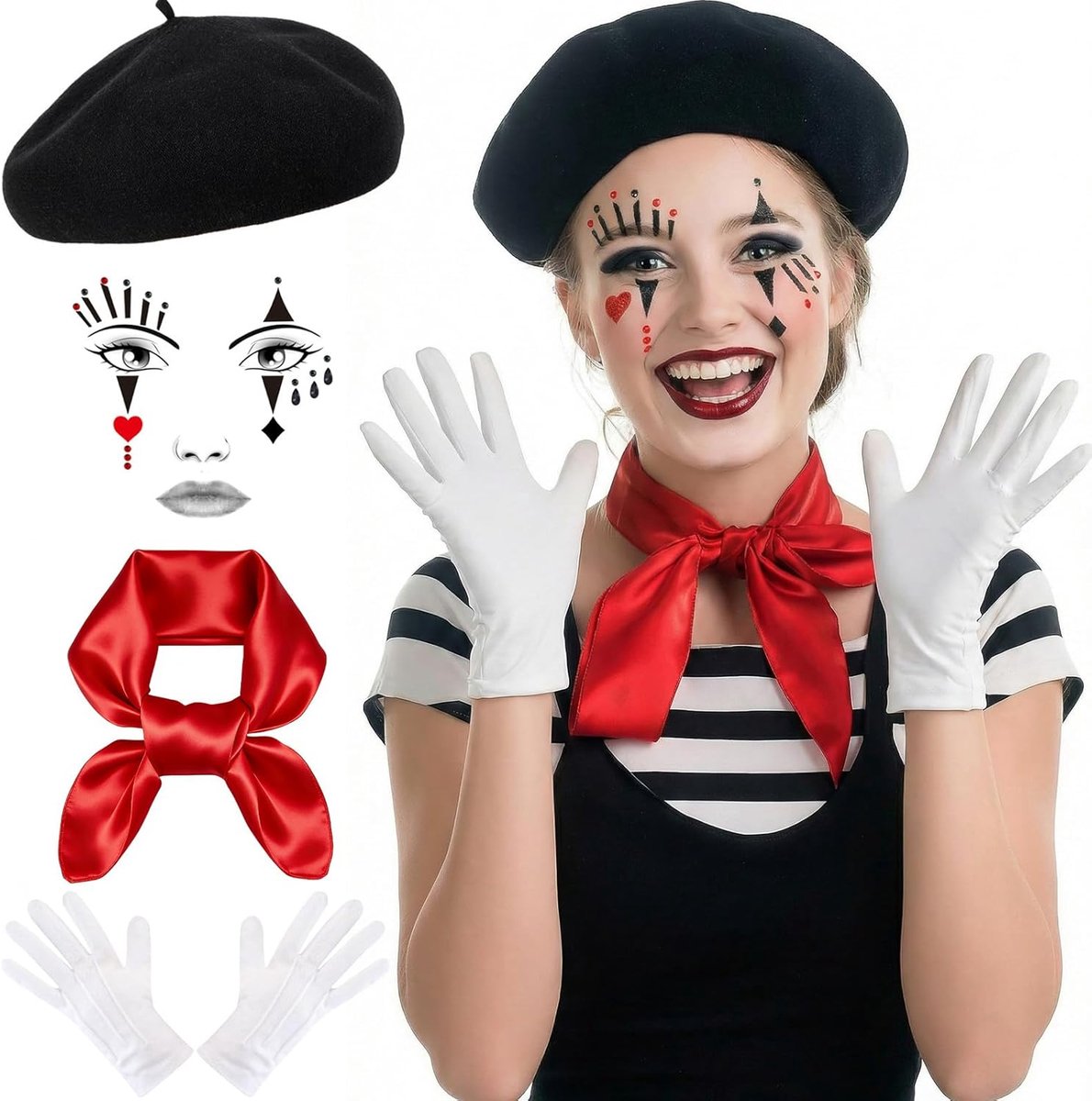 WANGWANG Pantomime Costume Women's Accessory Set - Pierrot Costume Accessories with Black Beret and White Gloves, Red - ShopVlot