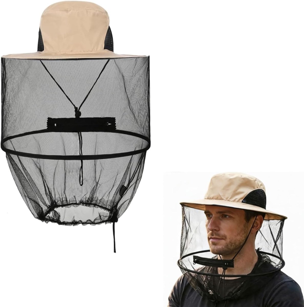 Muggenhoed met zonbescherming - Vouwbare beige bijenhoudershoed - Inclusief gaas en muggennet - SnelShoppen