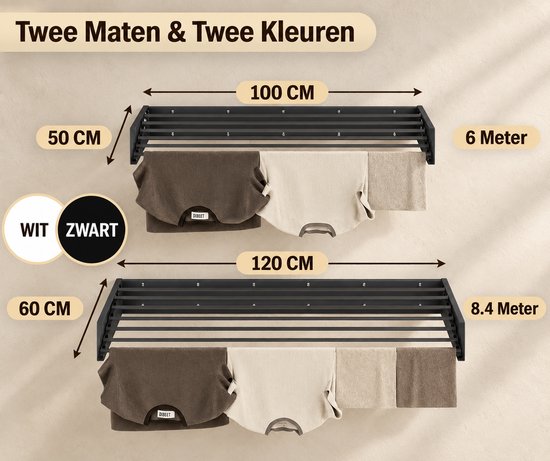 Afmetingen van het wanddroogrek: 100 cm breed (6m drooglengte) en 120 cm breed (8.4m drooglengte).