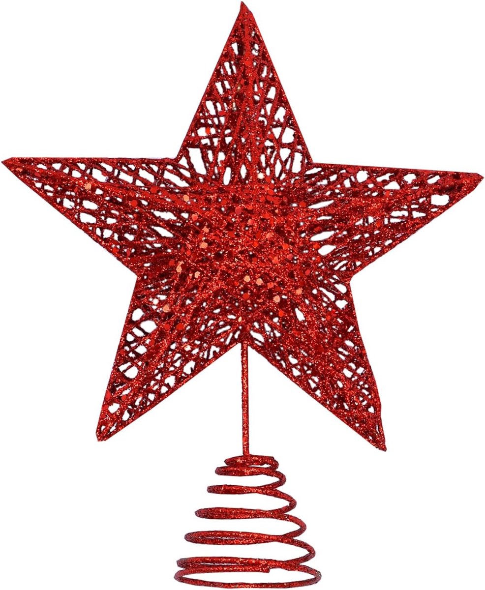 Red Metal Christmas Tree Topper Glittered Xmas Tree Top Hollow Star Topper for Christmas Party Home Decoration - ShopVlot