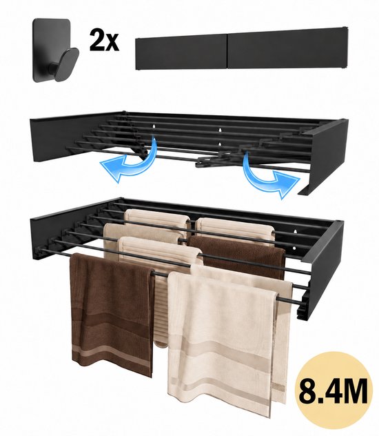 Zwart inklapbaar wanddroogrek met twee niveaus, 8.4 meter drooglengte, inclusief twee haakjes.
