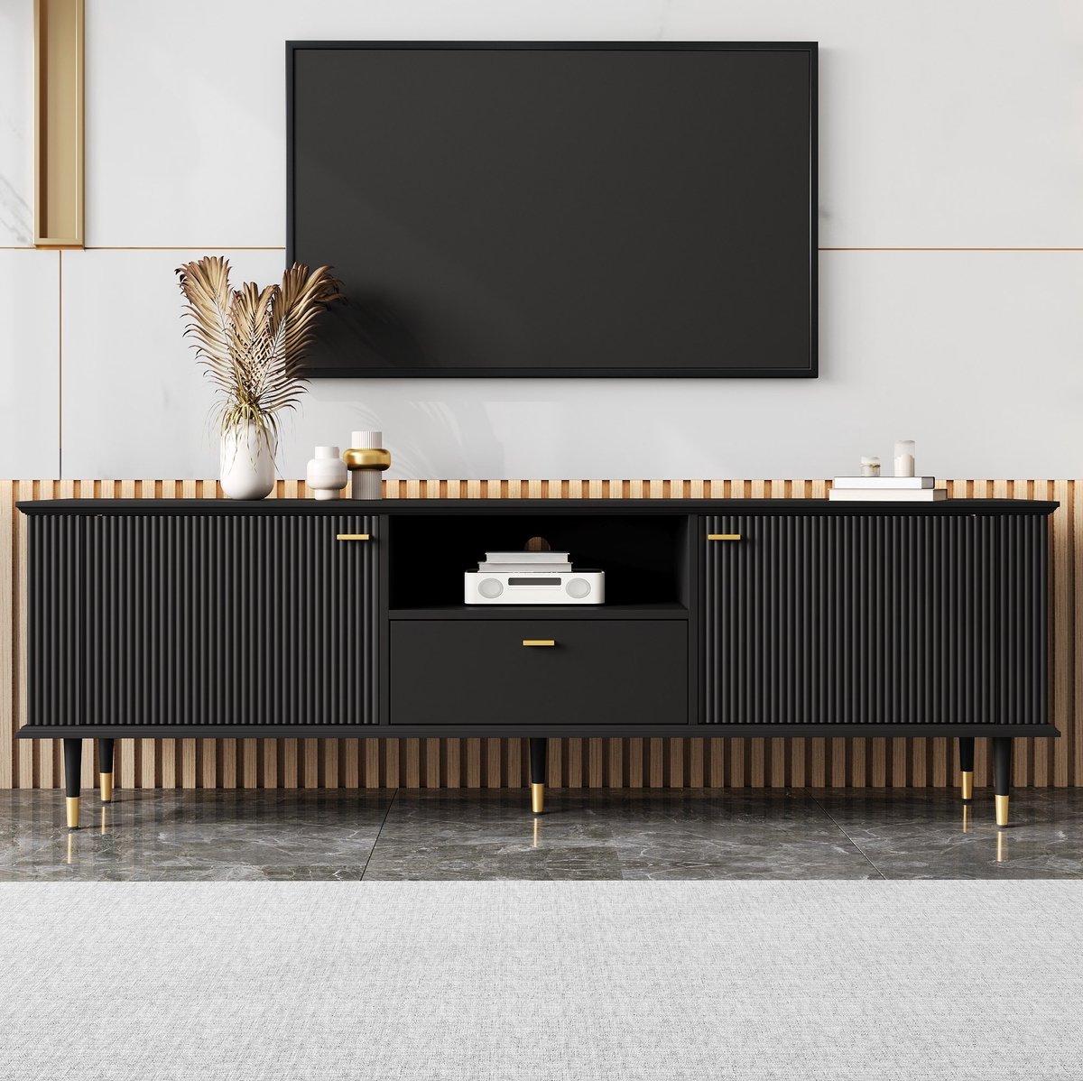 WUVRIE TV-meubel 170 x 36 x 54 cm - 2 deuren, open vak en lade - Zwart