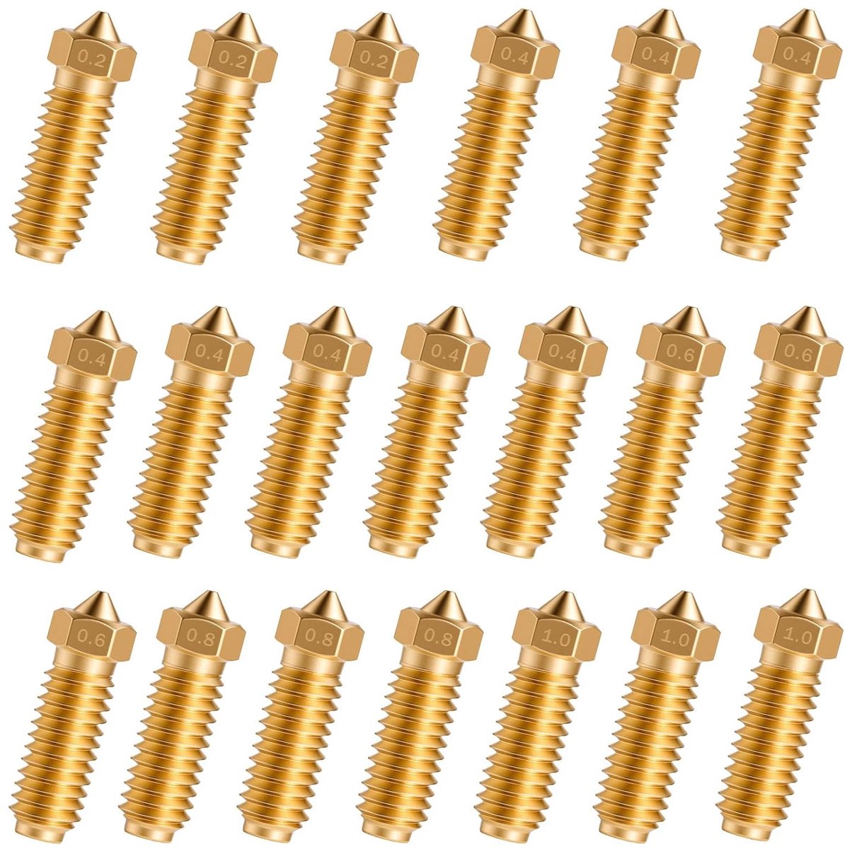 20 Brass Nozzles for Anycubic Kobra, Brass Nozzles, 3D Printer Parts, 8 x 0.4 mm, 3 x 0.2 mm, 3 x 0.6 mm, 3 x 0.8 mm - ShopVlot