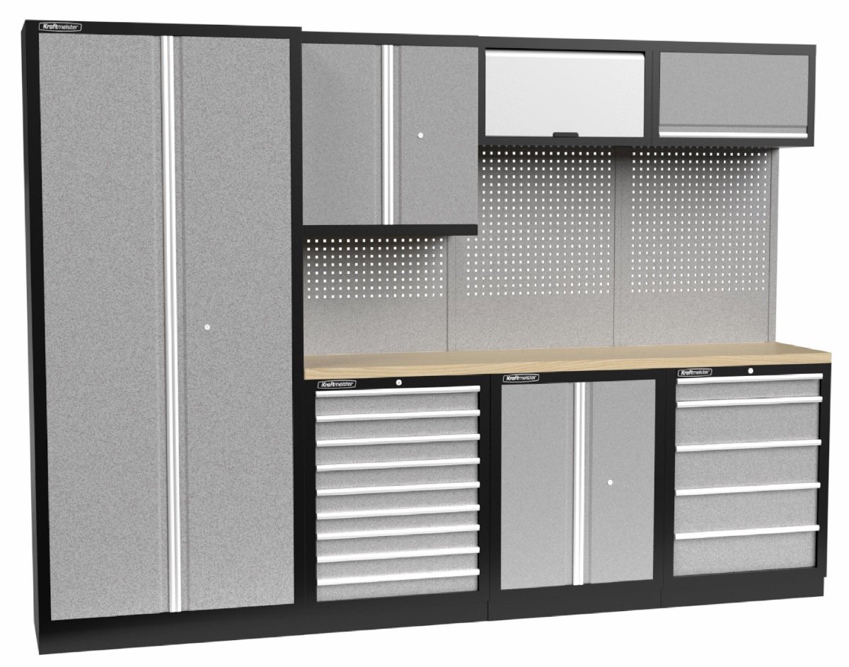 Kraftmeister werkplaatsinrichting - Werkbank met 3 wandkasten, 1 werkplaatskast en Multiplex werkblad - Werktafel met 14 laden, 1 opbergkast en gereedschapswand - Complete set voor werkplaats of garage - Grijs