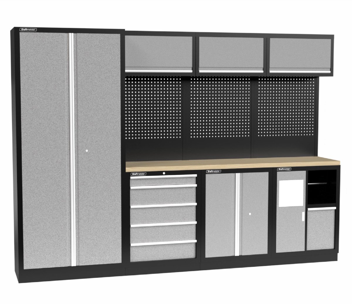 Kraftmeister werkplaatsinrichting - Werkbank met 3 wandkasten, 1 werkplaatskast, 1 opbergkast, 1 prullenbak en multiplex werkblad - Werktafel met 5 laden en gereedschapswand - Complete set voor werkplaats of garage - Grijs