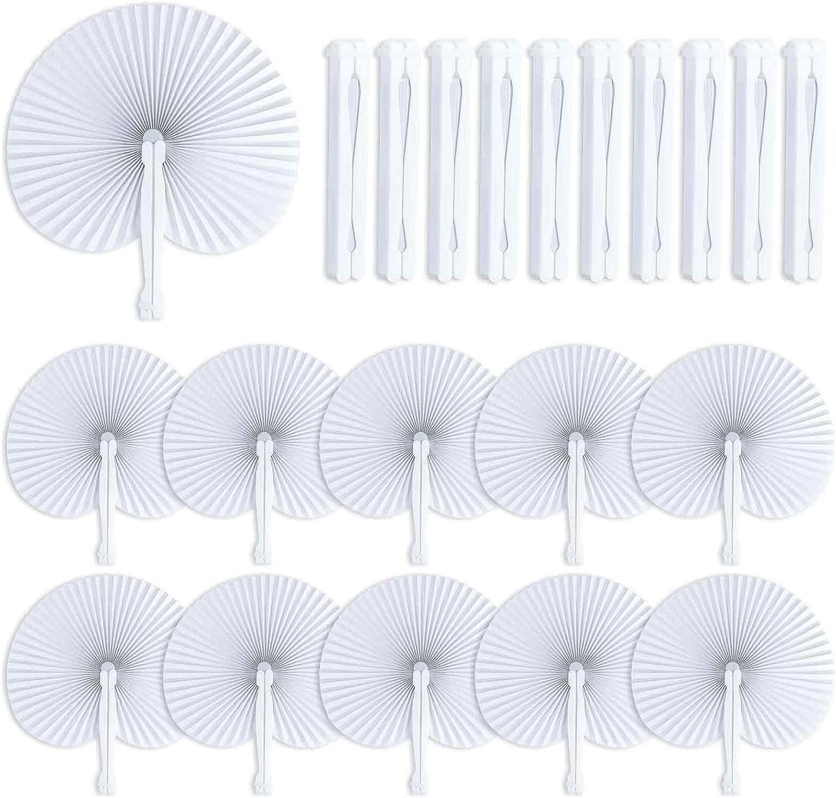 72 Stuks Vouwbare Papieren Ventilators, 25 cm Ronde Handventilators voor Zomer, Bruiloft en Verjaardagsfeesten, Wit met Plastic Handvatten