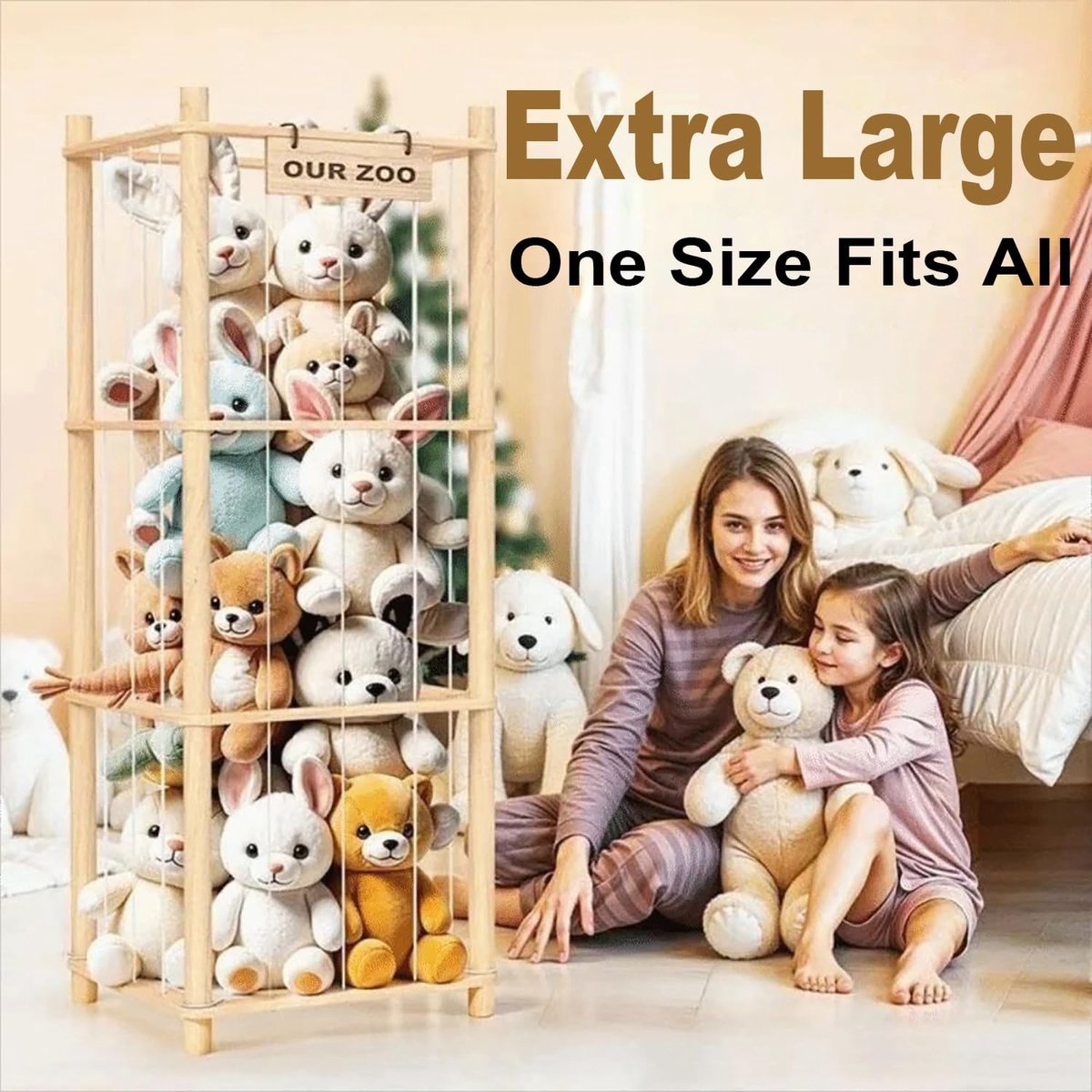 Plush houder grote capaciteit - ruimtebesparend - natuurlijk hout - ideaal voor kinderkamer - ShopVlot — cadeau in Wonen & Interieur - foto 4