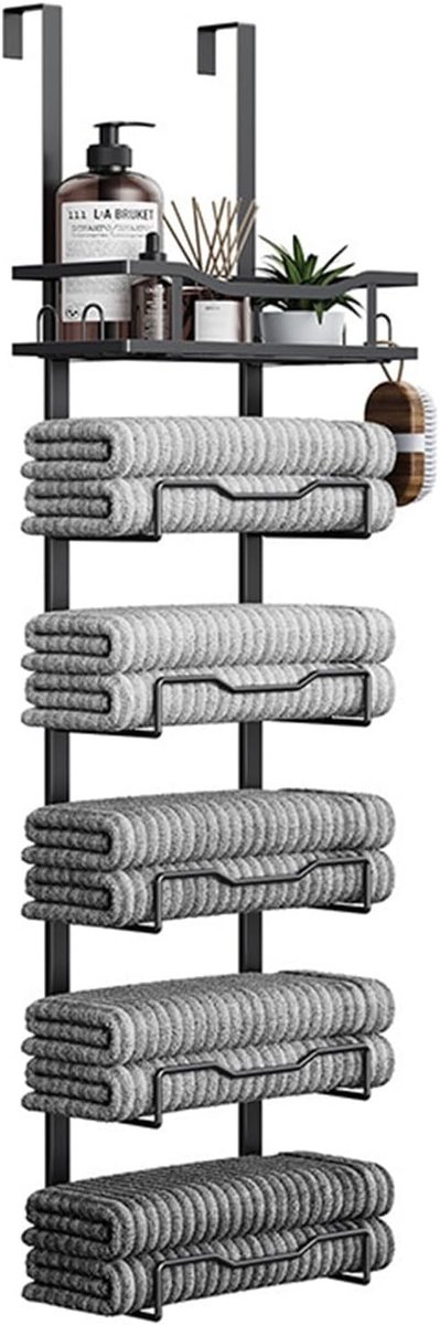 6-Tier Handdoekenrek voor aan de Deur, Ruimtebesparend en Met Opbergbak voor de Badkamer, Geen Boren Nodig, Ideaal voor Kleine Ruimtes