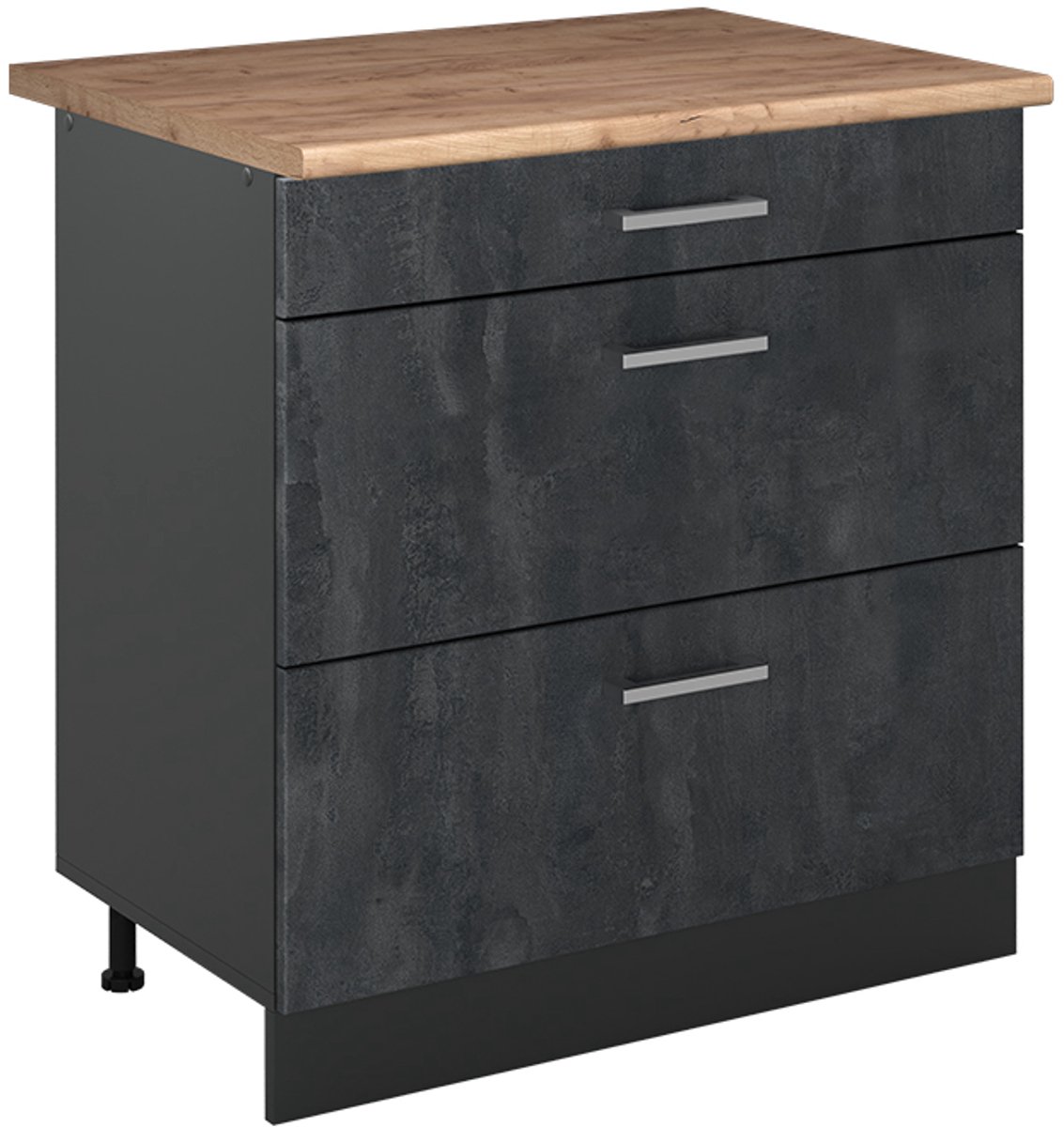 Vicco Keukenonderkast R-Line, Zwart beton/Antraciet, 80 cm met 3 laden goudkleurig eiken werkblad