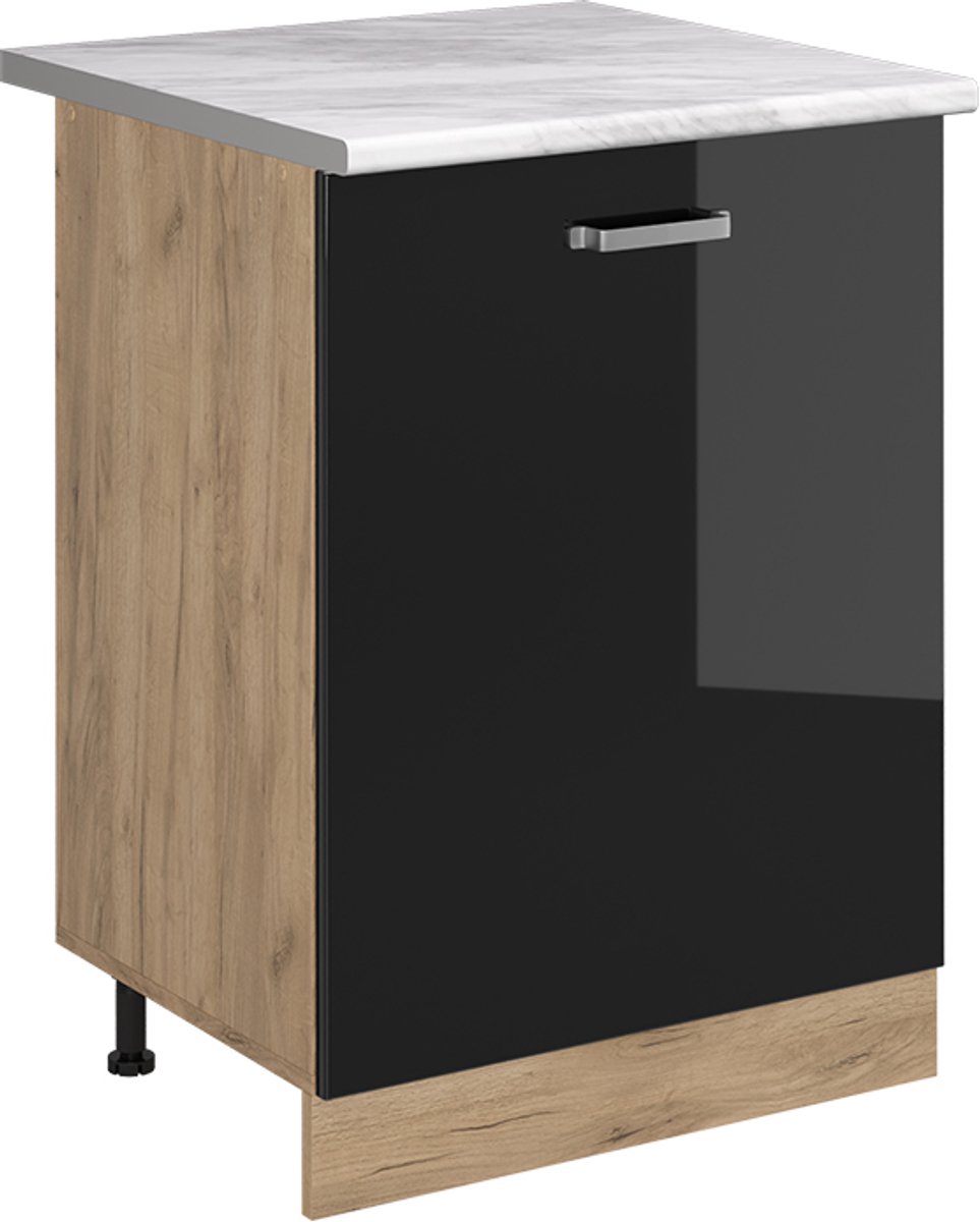 Vicco Keukenonderkast R-Line, Zwart hoogglans/Goudkleurig Eiken, 60 cm met 1 deur marmer werkblad