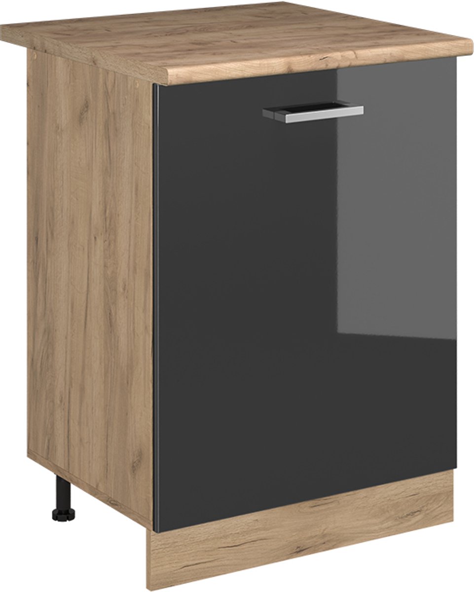 Vicco Keukenonderkast R-Line, Antraciet Hoogglans/Goudkleurig Eiken, 60 cm met 1 deur goudkleurig eiken werkblad