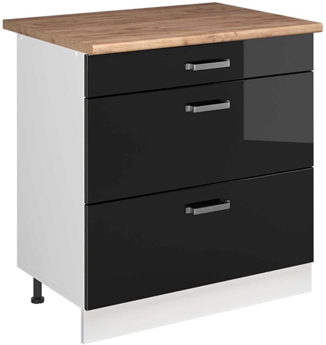 Vicco Keukenonderkast R-Line, Zwart hoogglans/Wit, 80 cm met 3 laden goudkleurig eiken werkblad