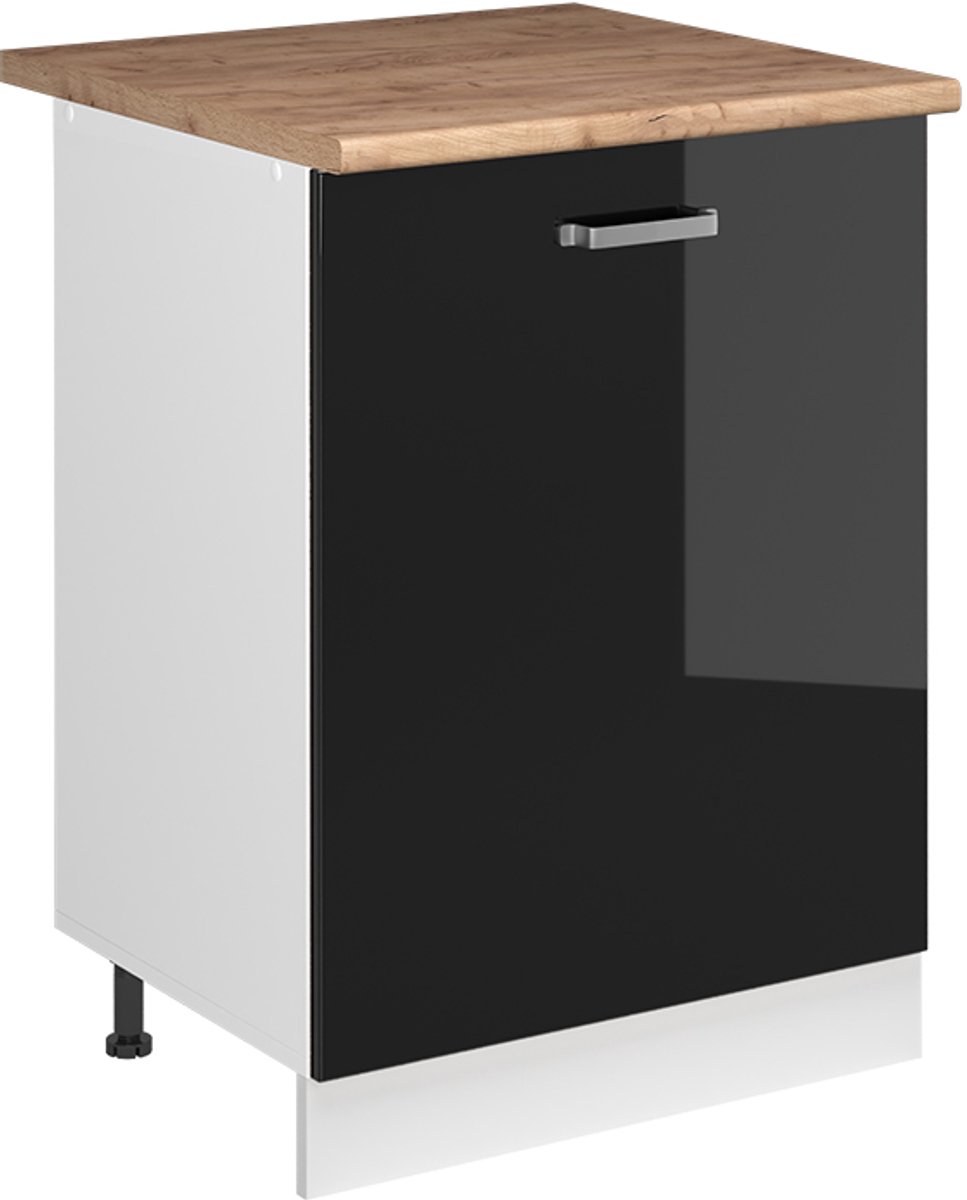 Vicco Keukenonderkast R-Line, Zwart hoogglans/Wit, 60 cm met 1 deur goudkleurig eiken werkblad