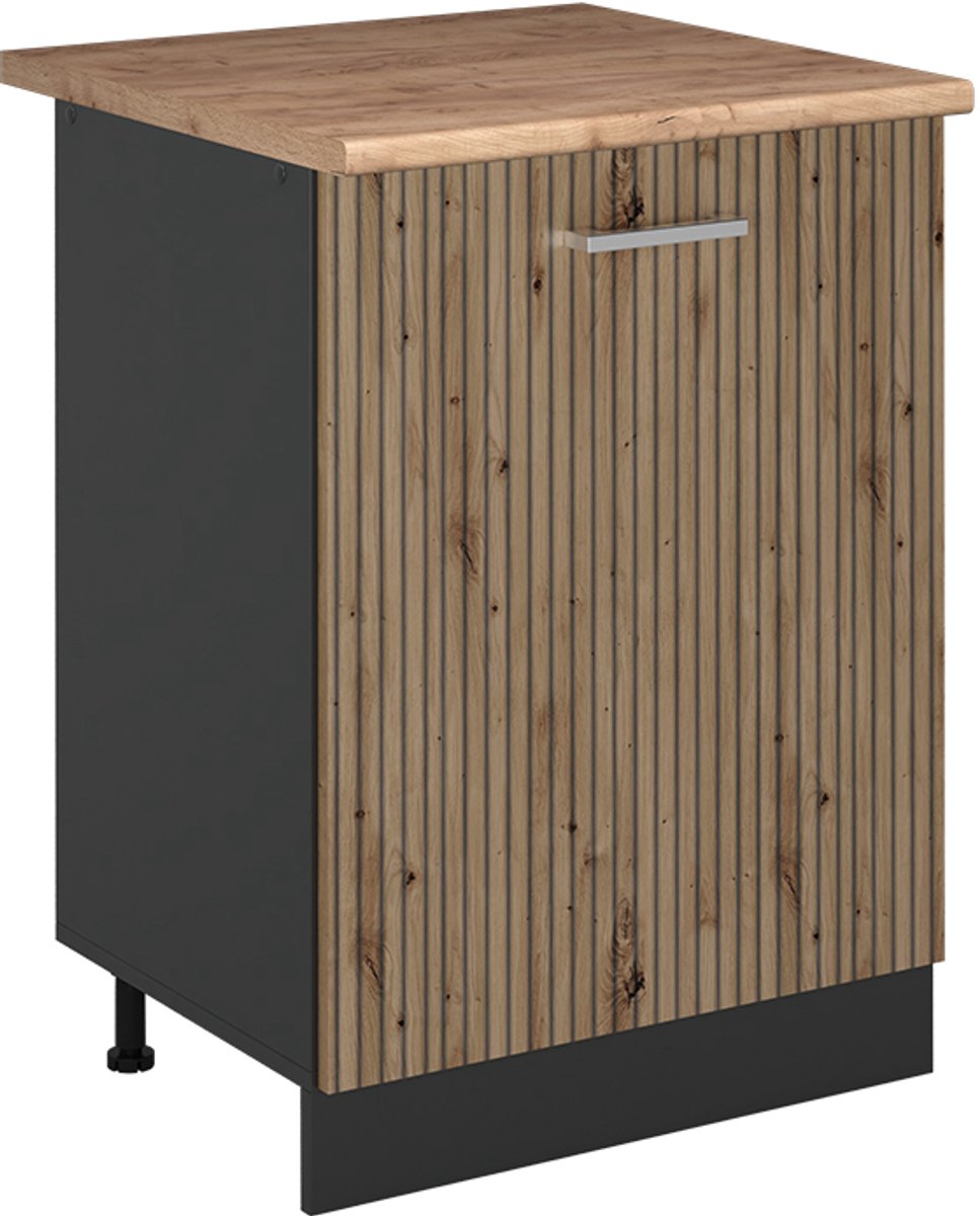 Vicco Keukenonderkast R-Line, Artisanaal eiken/Antraciet, 60 cm met 1 deur goudkleurig eiken werkblad