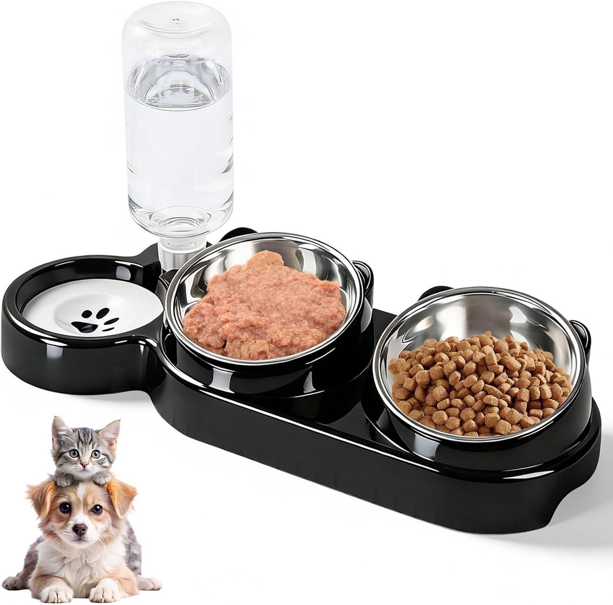 3-in-1 verhoogde voerbak voor katten met standaard en drinkbak, verhoogde kattenbakken, roestvrij staal, 15° - ShopVlot