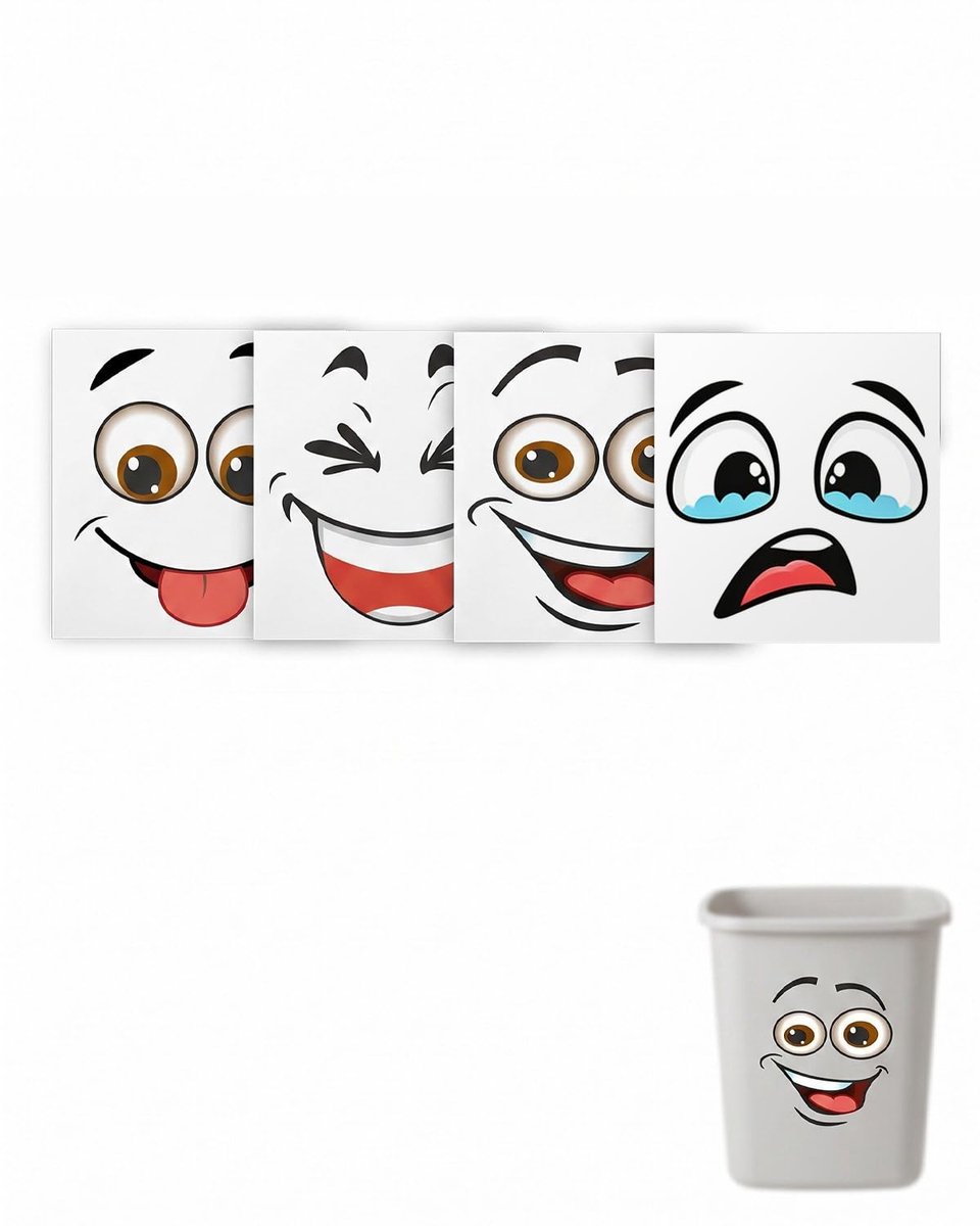 Stickers voor vuilnisemmer, set van 4 stuks, kunststof, grappige cartoongezichten, zelfklevend, waterdicht, verbetert - ShopVlot