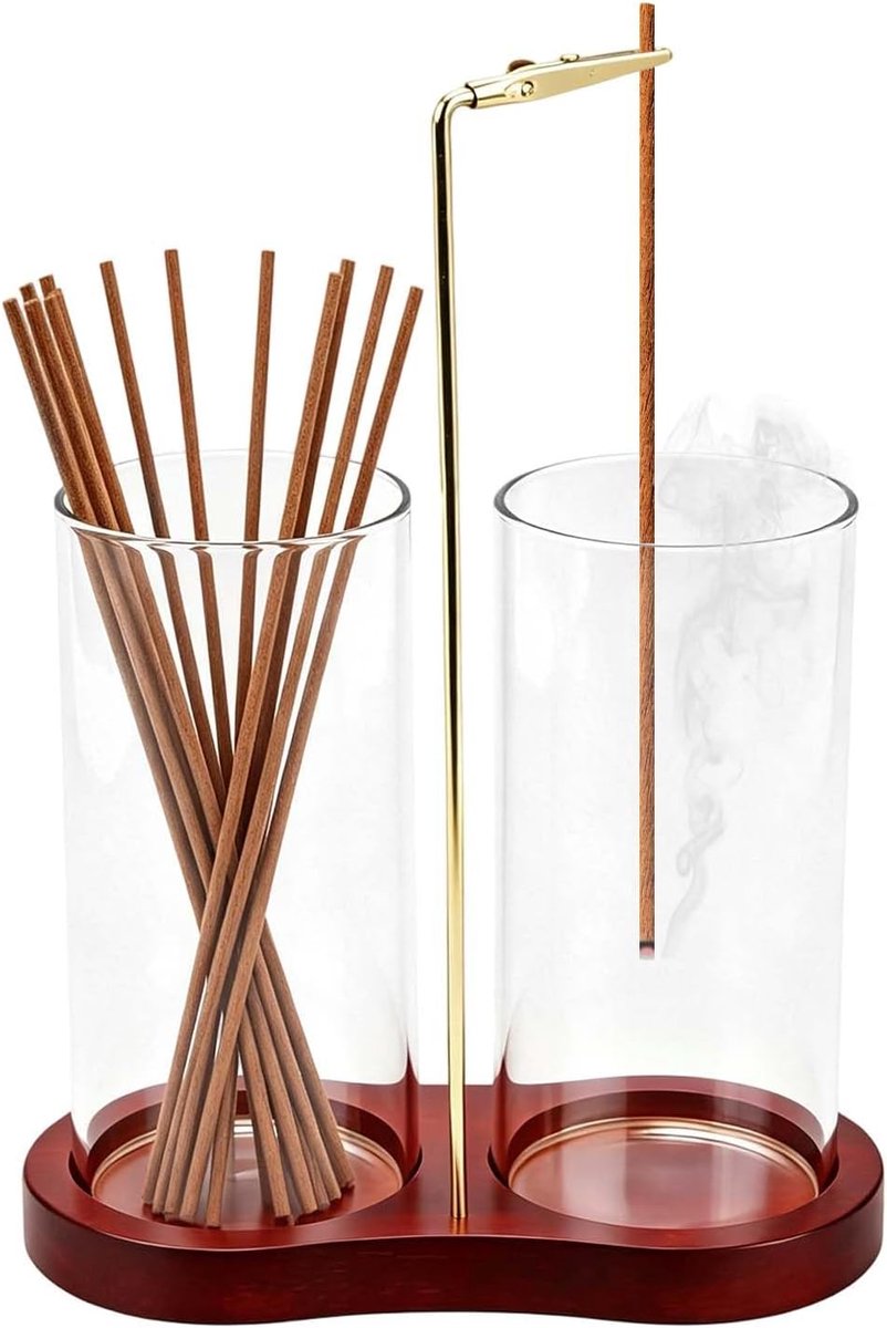 Incense Stick Holder 2 in 1 Inverted Wooden Base Incense Burner Handmade Wooden Base Incense Sticks with Glass Ash - ShopVlot