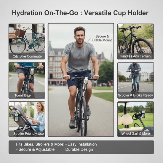 SnelShoppen - Universele Flessenhouder Fiets, Pushchair, Scooter - 360° Draaibare Cup Holder, Tool-vrije Montage, Voor MTB, E-Bike, Kinderwagens, Bugg — afbeelding 3